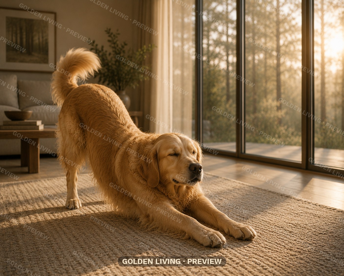 Golden Retriever stretching in the morning light beside a coffee cup — Golden Living daily rituals wall art print
