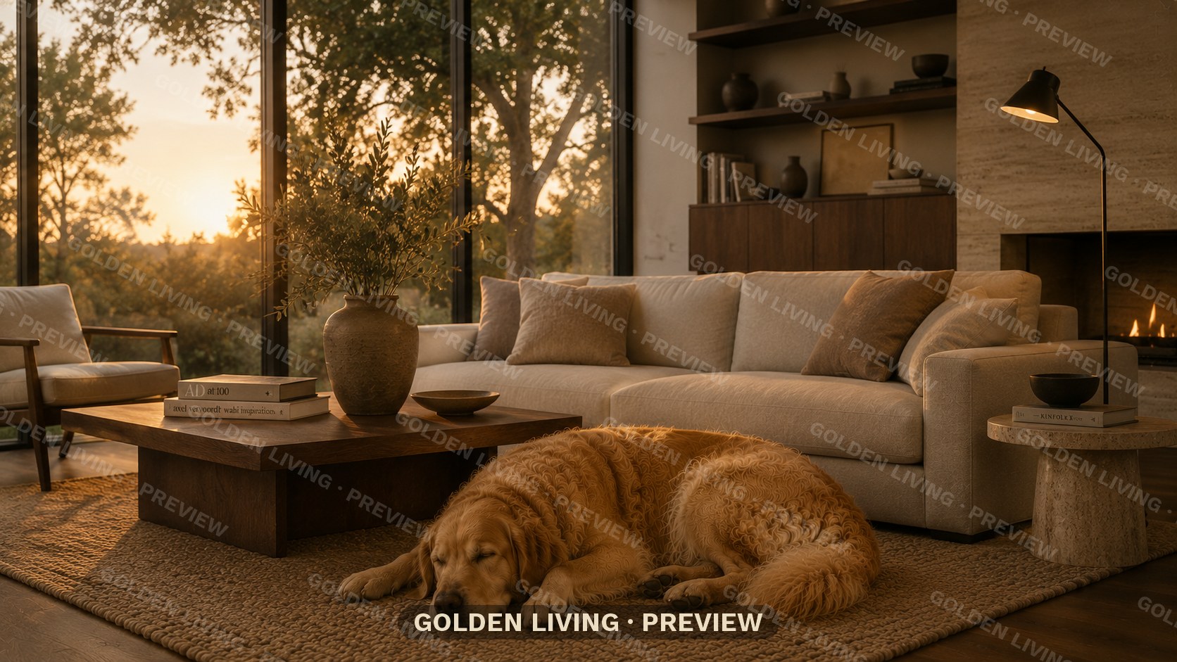 Golden Retriever sleeping on a rug in a sunlit modern living room at golden hour — Golden Living editorial wall art