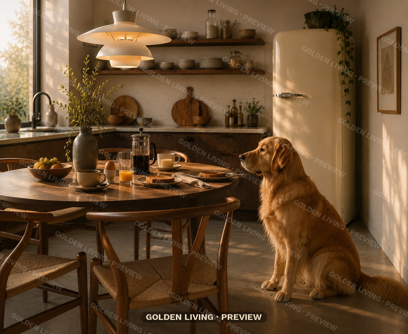 Golden Retriever sitting in a warm modern kitchen at breakfast — Golden Living wall art print