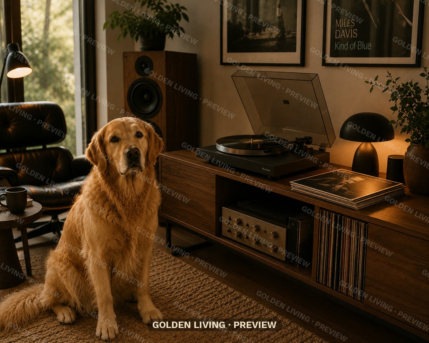 Golden Retriever in a warm music room with vinyl records and a guitar — Golden Living wall art print