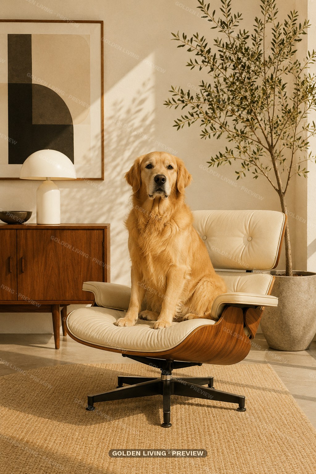 Golden Retriever resting on a linen sofa in a sunlit mid-century living room — Golden Living wall art print